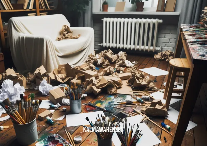 mindful exploring mental health through art _ Image: A cluttered, chaotic room with scattered art supplies, symbolizing the mental turmoil of the artist.Image description: A disorganized room filled with paintbrushes, crumpled paper, and spilled paint, mirroring the chaos within one