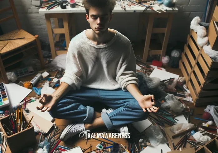 mindful exploring mental health through art _ Image: An individual sits cross-legged amidst the clutter, attempting to find focus and inner peace through art.Image description: A person sits in the midst of the artistic mess, their eyes closed in meditation, seeking solace and clarity amid the mental chaos, as they embark on a journey of mindful exploration through art.