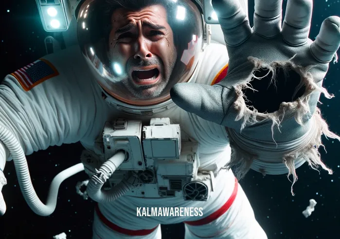 space for anxiety _ Image: A worried astronaut floating in the weightlessness of space, staring at a damaged spacesuit glove with a small oxygen leak. Image description: In the vast emptiness of space, an astronaut grapples with a life-threatening spacesuit malfunction.