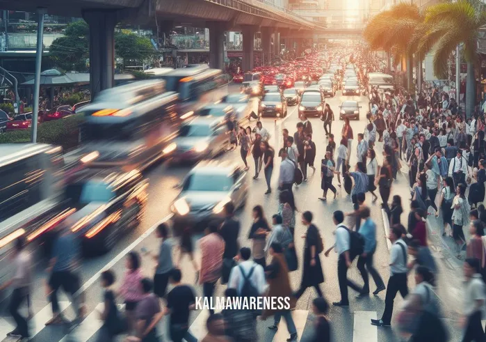 take a minute to breathe _ Image: A crowded city street during rush hour. Image description: Pedestrians rushing and jostling, cars honking in gridlock traffic.