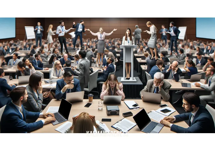 fully ready to listen _ Image: A crowded, noisy conference room filled with people talking over each other, laptops open, and a stressed-looking presenter at the front.Image description: A chaotic scene in a corporate meeting room, people engaged in heated discussions, and a presenter struggling to be heard over the noise.