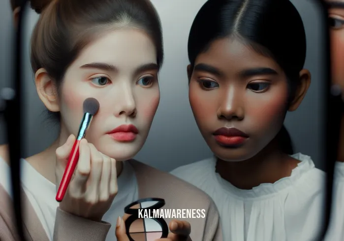girls in front of mirrors _ Image: One of the girls is seen applying makeup, trying to hide her blemishes, while the other looks on with concern.Image description: The mirror reflects their efforts to conform to unrealistic beauty standards.