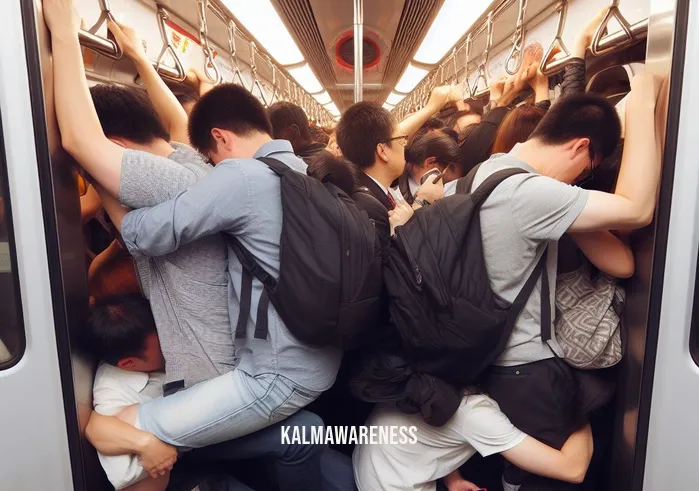 going on and on _ Image: A frustrated commuter trying to squeeze into an already packed subway car. Image description: The doors are barely closing as passengers jostle for space inside the train.