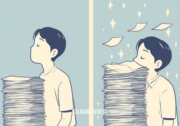 good day to go crazy _ Image: The same person taking a deep breath and starting to organize their papers into neat stacks.Image description: The person begins to organize their papers, a glimmer of determination in their eyes.