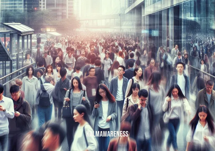 gratidudes _ Image: A crowded urban street with people rushing past each other, looking stressed and preoccupied.Image description: A bustling cityscape filled with hurried commuters, each lost in their own world.