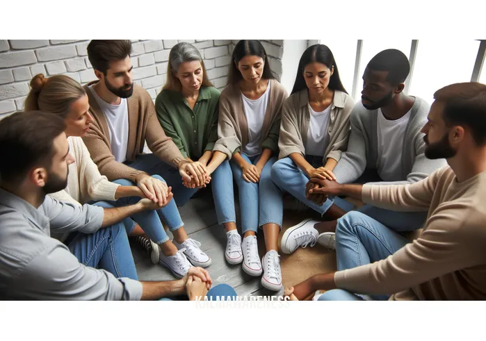 grief mantra _ Image: A support group of diverse individuals, sitting in a circle, holding hands and sharing their emotions.Image description: A diverse group of people sitting in a circle, holding hands, and supporting each other through their grief.