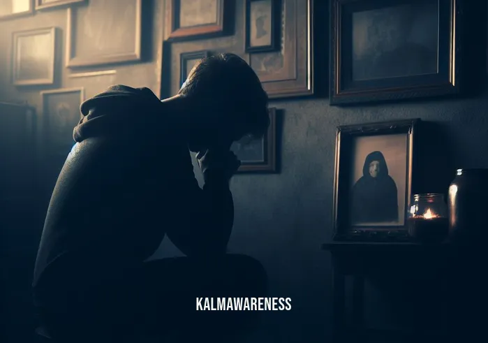 grieving is loving _ Image: A dimly lit room with a solitary figure sitting in front of a framed photograph, their head bowed in sorrow. Image description: A person in mourning sits alone, surrounded by memories of their loved one.