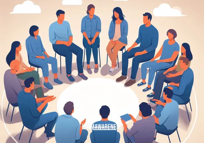 grieving is loving _ Image: A support group gathered in a circle, each person sharing their stories and offering comforting gestures. Image description: A diverse group of people in a therapy session, sharing their grief and finding solace in one another