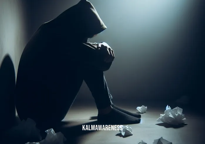 grieving mindfully _ Image: A person sitting alone in a dimly lit room, hunched over with a somber expression, surrounded by scattered tissues.Image description: In the initial stages of grieving mindfully, one may find themselves isolated, overwhelmed by emotions, and seeking solace in solitude.