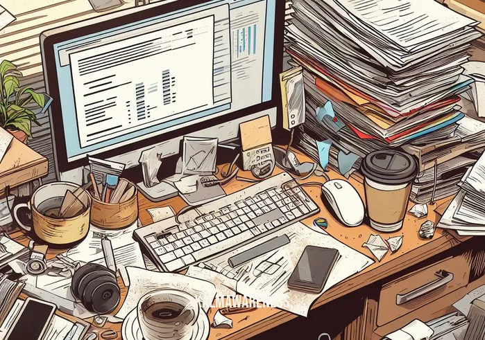 habits that hinder thinking _ Image: A cluttered desk with piles of paper, empty coffee cups, and a disorganized computer. Image description: A messy workspace with cluttered papers and scattered office supplies.