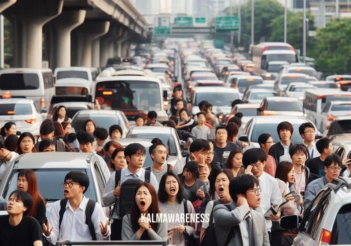 how right now _ Image: A crowded city street during rush hour Image description: Commuters stuck in traffic, frustrated expressions, honking cars