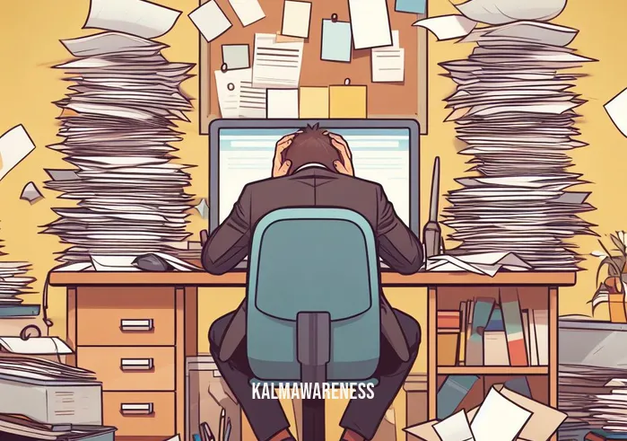 how right now _ Image: A person at their cluttered desk with piles of work Image description: Overwhelmed individual surrounded by paperwork and a disorganized workspace