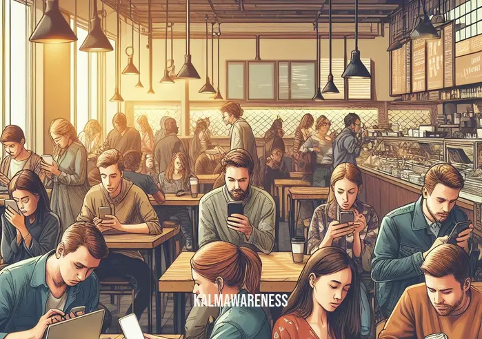 how to be present in a conversation _ Image: A crowded coffee shop with people engrossed in their phones and laptops, ignoring each other.Image description: A bustling coffee shop filled with customers, each absorbed in their digital devices, oblivious to the world around them.