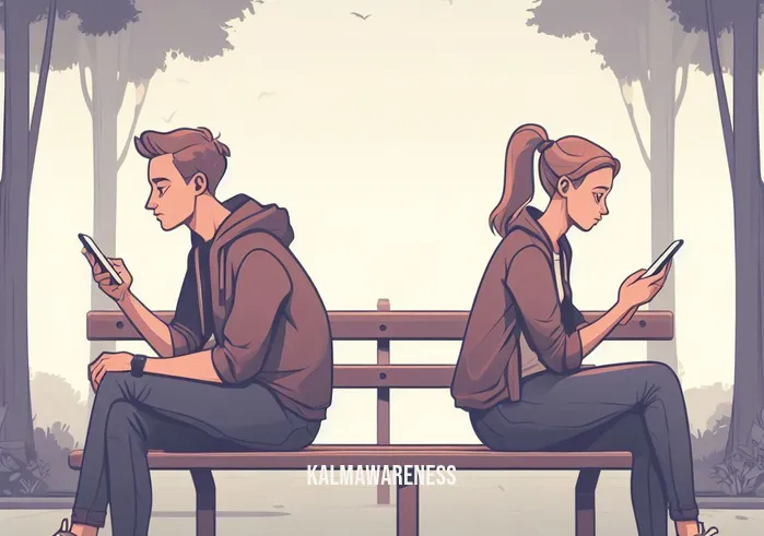 how to be present in a conversation _ Image: Two people sitting across from each other at a park, both looking at their phones, disconnected.Image description: Two individuals sitting on a park bench, phones in hand, lost in their virtual worlds, failing to engage with each other.