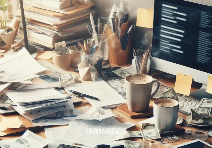 how to stop being ungrateful _ Image: A cluttered desk with scattered bills, empty coffee cups, and a disorganized workspace.Image description: A messy desk with unpaid bills, cluttered papers, and a chaotic work environment.