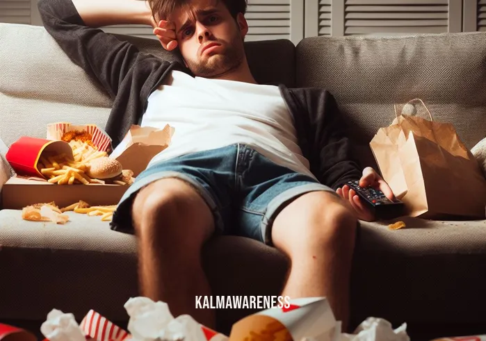 how to stop being ungrateful _ Image: A person slumped on a couch, surrounded by fast-food wrappers and a TV remote in hand, looking disinterested.Image description: A disheveled individual on a couch, surrounded by junk food remnants, showing signs of indifference.