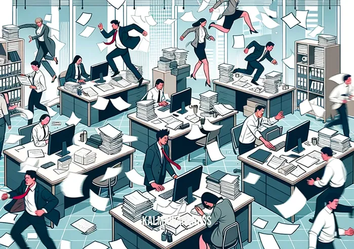i can keep my cool under pressure _ Image: A busy office with people rushing around, papers scattered on desks. Image description: The office is in chaos, deadlines looming, everyone appears stressed.