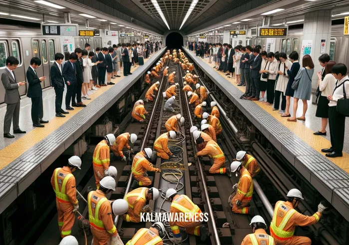 in said in a sentence _ Image: Workers in reflective vests repairing subway tracks, while commuters watch. Image description: Maintenance crew fixing the subway tracks as commuters observe the progress.
