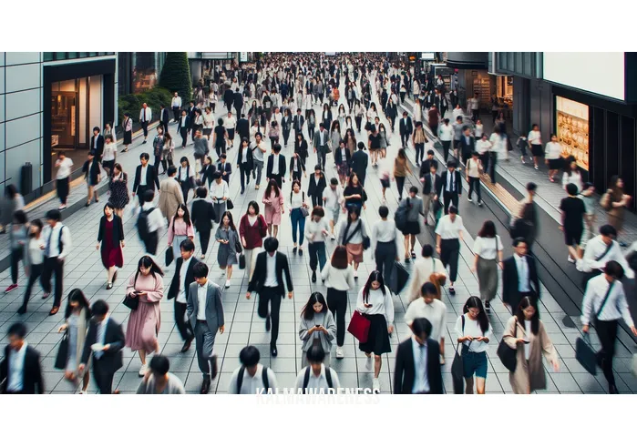 kindness affirmation _ Image: A crowded city street during rush hour. Image description: People rushing past each other, absorbed in their own worlds, oblivious to others.