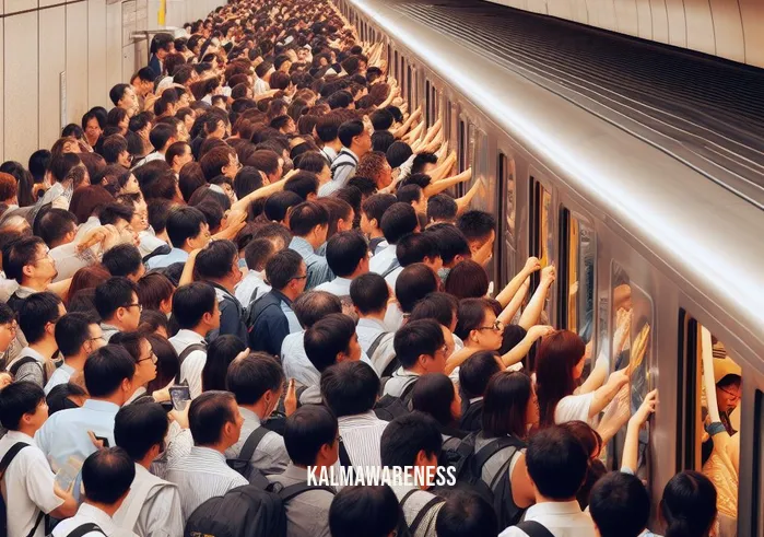 looking out for yourself _ Image: A crowded subway platform during rush hour. Image description: Commuters anxiously packed together, trying to squeeze onto an overcrowded train.