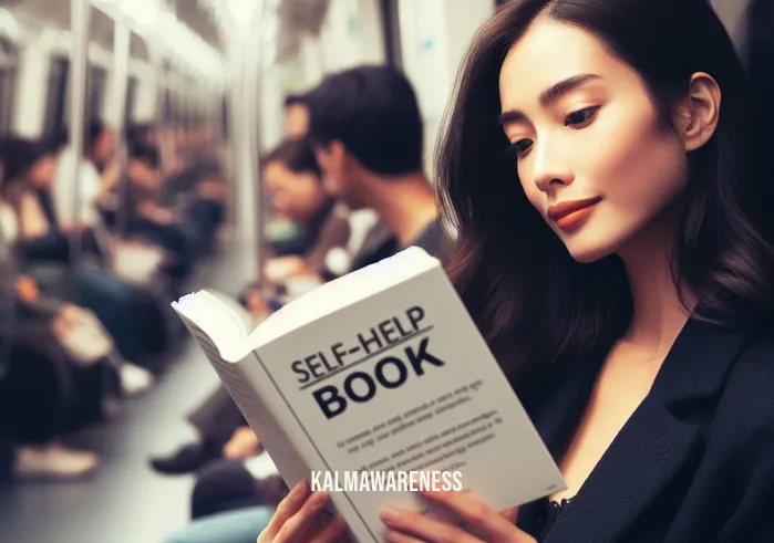 looking out for yourself _ Image: A woman on the train reading a self-help book. Image description: In the midst of the chaos, a woman finds solace in her self-help book, seeking ways to improve her well-being.