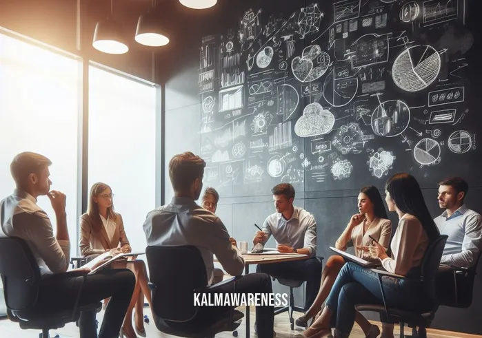 mag mind _ Image: A group of coworkers sitting in a well-lit conference room, engaged in a brainstorming session, exchanging ideas and sketches.Image description: A collaborative atmosphere with team members actively participating in a productive meeting, discussing solutions to the problem.