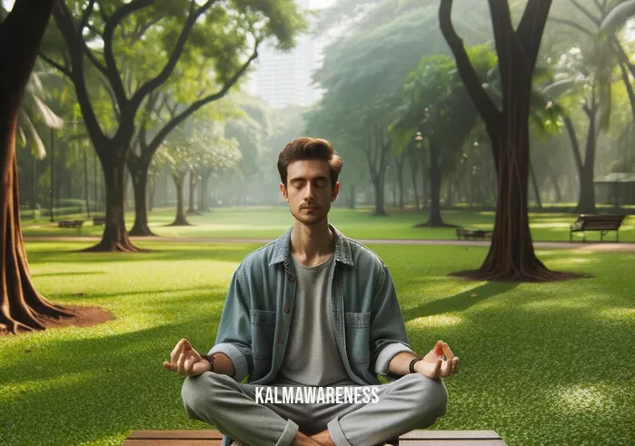 meditation warrior _ Image: A serene park, where a person in casual attire sits cross-legged on a bench, attempting to meditate amidst the greenery.Image description: Amidst the tranquil beauty of a park, a lone individual in casual clothing attempts to find inner peace through meditation.