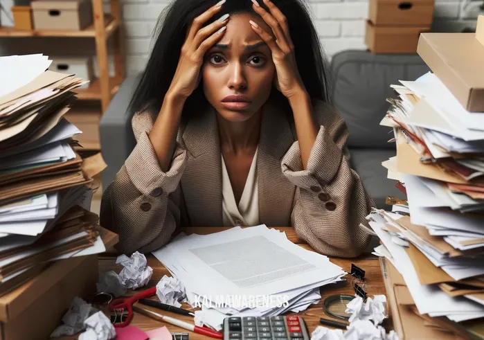 meditative in a sentence _ Image: A cluttered and chaotic room with scattered papers and a stressed person surrounded by distractions.Image description: A person sitting amidst a mess of papers and cluttered surroundings, looking overwhelmed and stressed.