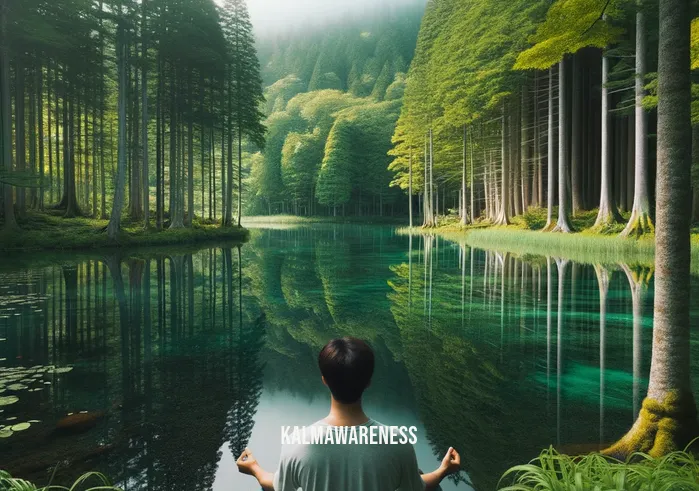 meditative in a sentence _ Image: A tranquil outdoor setting, with a person sitting cross-legged by a serene lake, surrounded by lush greenery.Image description: A person sits in a peaceful natural setting by a calm lake, finding solace in the serene environment.