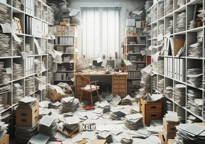 meta lovely _ Image: A cluttered and messy room with scattered papers and disorganized shelves. Image description: The room is in disarray, chaos reigning supreme, symbolizing the problem.
