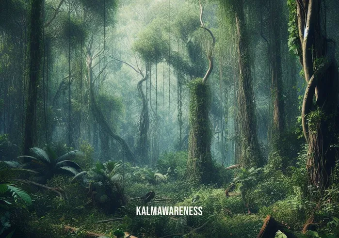 opposite of tame _ Image: A dense forest filled with overgrown vines, tangled trees, and wild undergrowth. Image description: The untamed wilderness, where nature reigns supreme, untouched by human influence.
