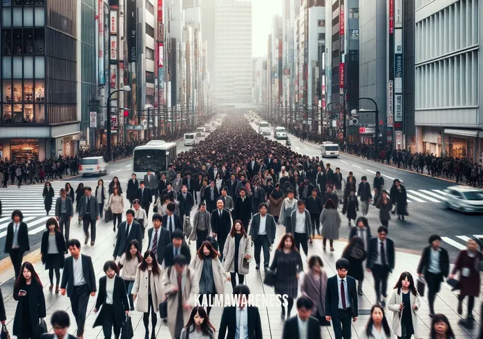 say this sentence _ Image: A crowded city street with people rushing by, looking stressed and overwhelmed. Image description: The city is bustling with activity, and pedestrians appear anxious and hurried.