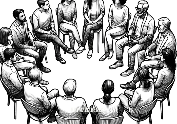 say this sentence _ Image: A diverse group of people sitting in a circle, engaged in a thoughtful discussion. Image description: The group has come together to discuss the issue, showing a sense of unity and determination.