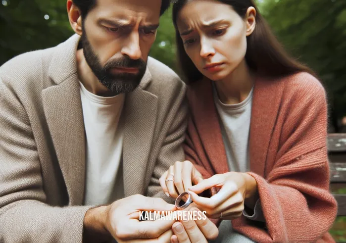 rings that break when stressed _ Image: A worried couple sitting on a park bench, examining the damaged ring. Image description: The couple