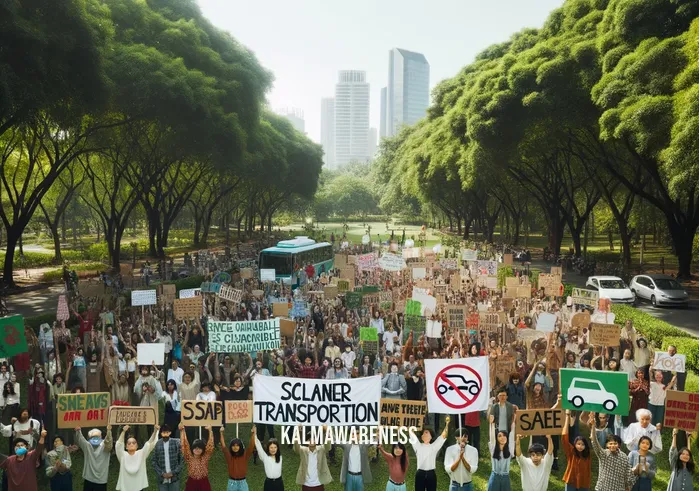 look at the whole picture _ Image: A diverse group of citizens gathering in a park, holding signs advocating for sustainable transportation and cleaner air. Image description: People uniting for change, peacefully protesting for a cleaner environment.