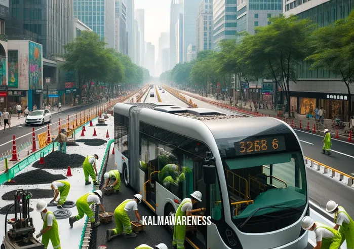 look at the whole picture _ Image: Workers installing a new network of bike lanes and electric bus stops in the city, emphasizing sustainable transportation options. Image description: Construction crews transforming the urban landscape with eco-friendly infrastructure.