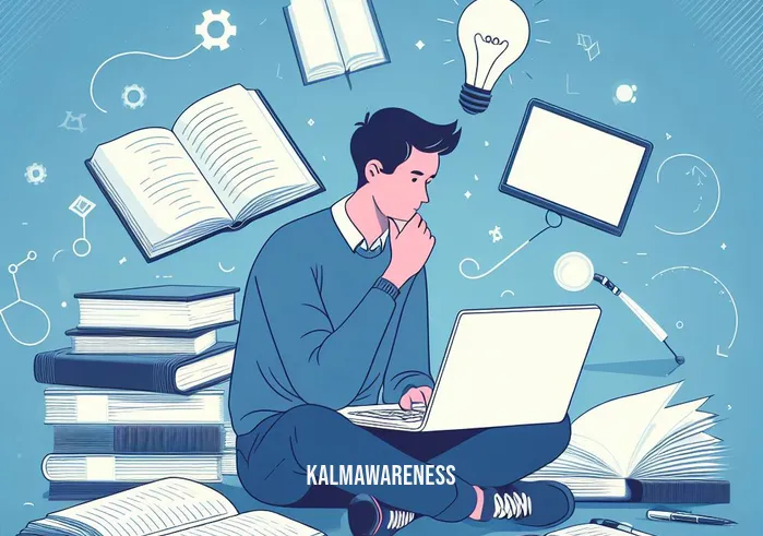 mastery gems _ Image: Person researching online, surrounded by open books and a laptop, deep in thought.Image description: Person researching online, surrounded by open books and a laptop, deep in thought.