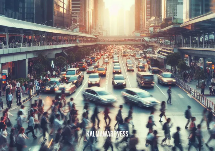 call to calm meditation _ Image: A bustling city street filled with hurried pedestrians and traffic. Image description: People rushing in all directions, cars honking, and a chaotic urban scene.