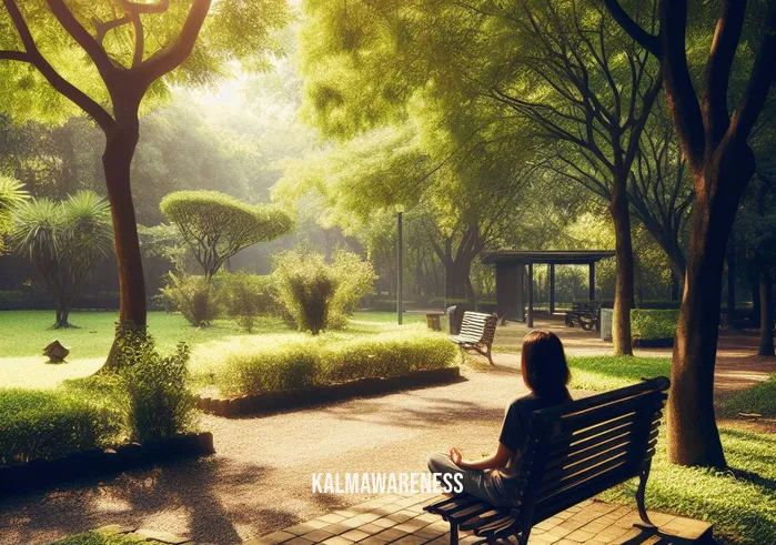 call to calm meditation _ Image: A serene park with a person sitting on a bench, eyes closed, taking a deep breath. Image description: A peaceful oasis amidst nature, with dappled sunlight and the calming sound of birds.