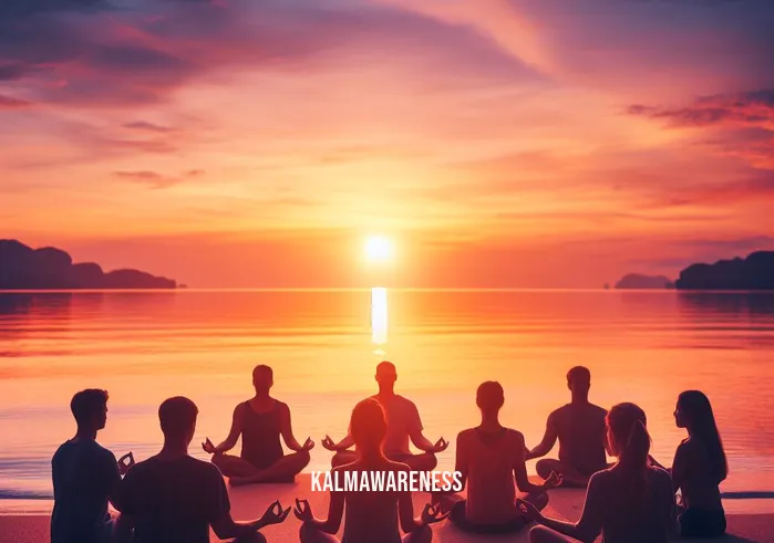 call to calm meditation _ Image: A group of people in a meditation circle on a tranquil beach at sunset. Image description: Individuals sitting cross-legged, meditating together, as the sun dips below the horizon.
