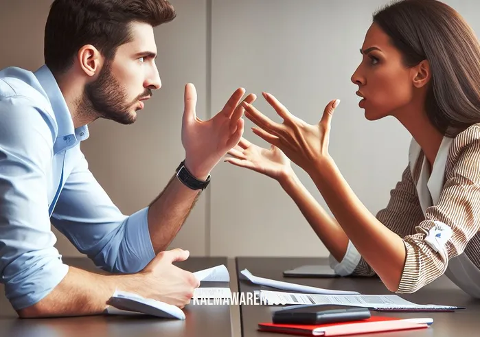 trust relationship definition _ Image: Two individuals from opposing sides of the table engaged in a heated discussion. Image description: Two passionate individuals leaning forward, gesturing while debating their differing opinions.