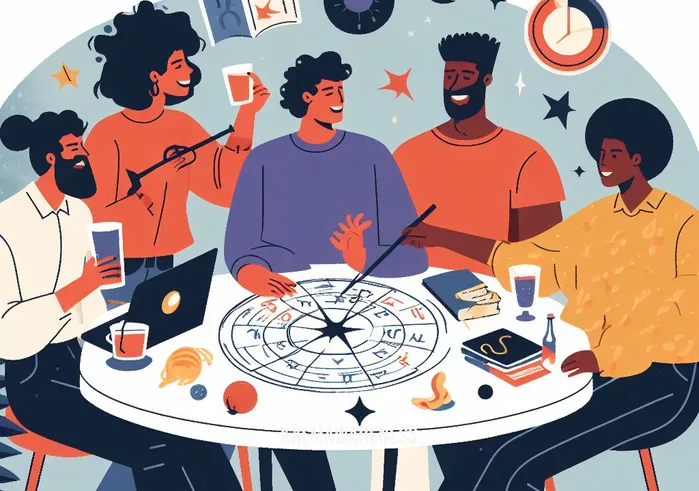 astrology insights _ Image: A diverse group of friends gather around a table, sharing their astrological findings and insights. Image description: Friends engage in lively discussions, exchanging astrology insights over drinks and laughter.