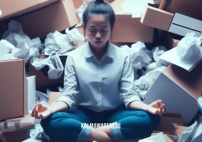 color meditation script _ Image: A person sitting cross-legged amidst the chaos, eyes closed, looking stressed.Image description: Amidst the clutter, a person attempts to meditate but appears frustrated.