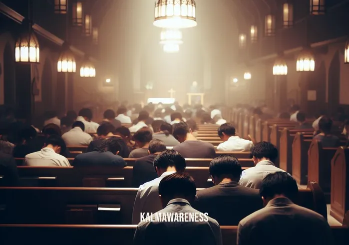 christian soaking _ Image: A dimly lit church interior, with people seated in pews, heads bowed in prayer.Image description: A congregation gathers in a quiet church, seeking solace and connection through Christian soaking.