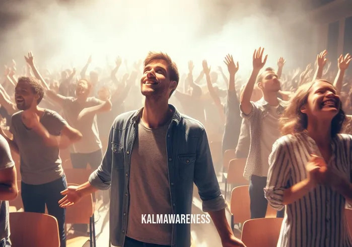 christian soaking _ Image: People begin to stand up, smiles on their faces, as they feel a sense of peace and renewal.Image description: The atmosphere transforms as individuals rise from their seats, radiating a sense of peace and renewal after Christian soaking.