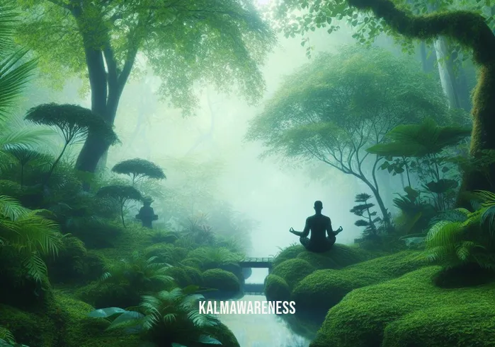cosmic energy meditation _ Image: The same person now in a tranquil garden, surrounded by lush greenery, attempting to meditate. Image description: The individual finds solace in a serene garden, attempting to meditate amidst lush greenery.