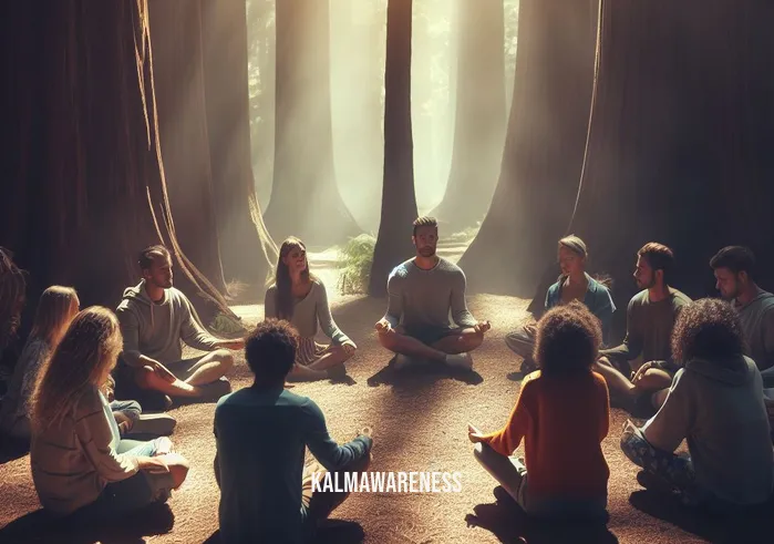 3d to 5d consciousness nyla _ Image: A group of people sitting in a circle outdoors, under the shade of tall trees, engaged in deep conversation and meditation.Image description: A serene gathering in nature, as individuals seek higher consciousness.