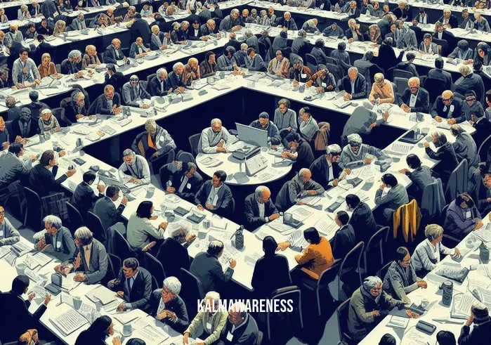 andrew bartzis _ Image: A crowded conference room filled with people discussing complex issues related to Andrew Bartzis. Image description: Participants sit at long tables covered in papers, engaged in intense conversations.