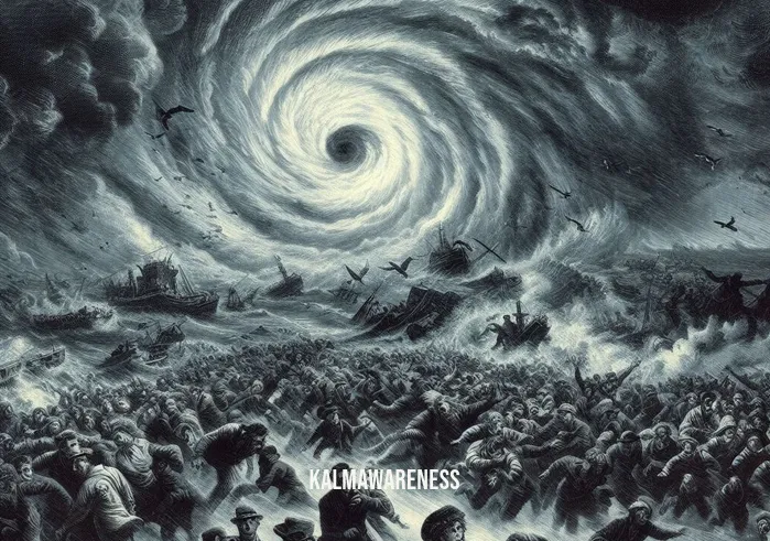 eye of the hurricane meditation _ Image: A chaotic scene with dark storm clouds and swirling winds, people looking anxious and scattered. Image description: The hurricane