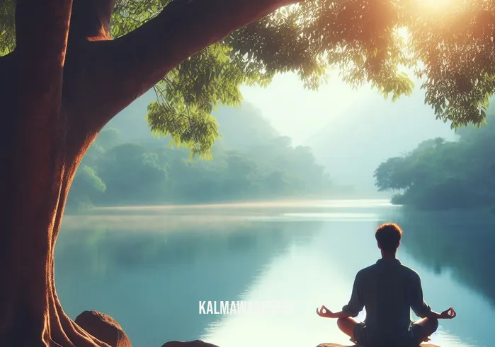 first trimester meditation _ Image: A serene outdoor scene, a person sitting cross-legged under a tree by a tranquil lake, eyes closed in meditation.
